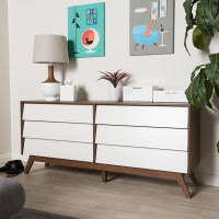 Baxton Studio Hildon 6DW-Walnut/White-Chest Hildon Mid-Century Modern White and Walnut Wood 6-Drawer Storage Dresser